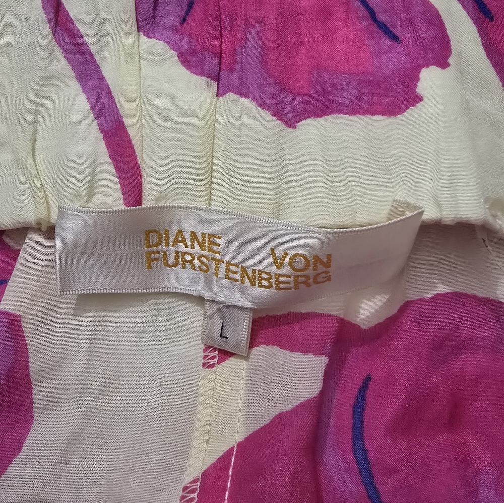 Diane Von Furstenberg Cream Wide-Leg Pants with Pink Floral Print - Picture 3 of 11